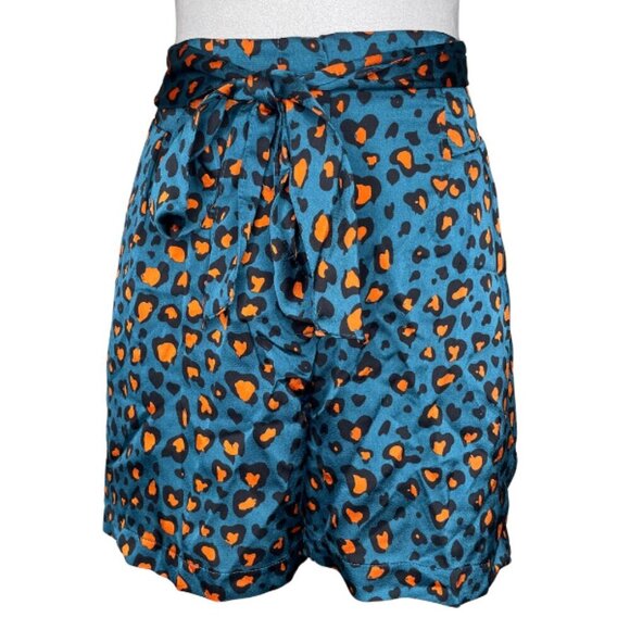 New York & Company Teal Orange Leopard Print Tie Waist Satin Shorts Size L - Picture 2 of 12